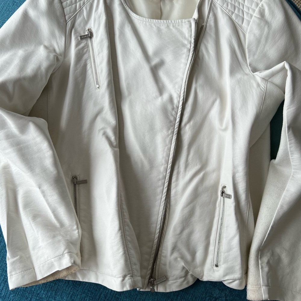 Calvin Klein Cream Vegan Leather Moto Jacket with Asymmetrical Zipper